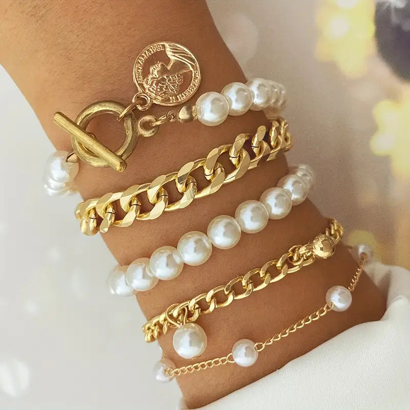 Cuban Luxe Pearl Bracelet Set