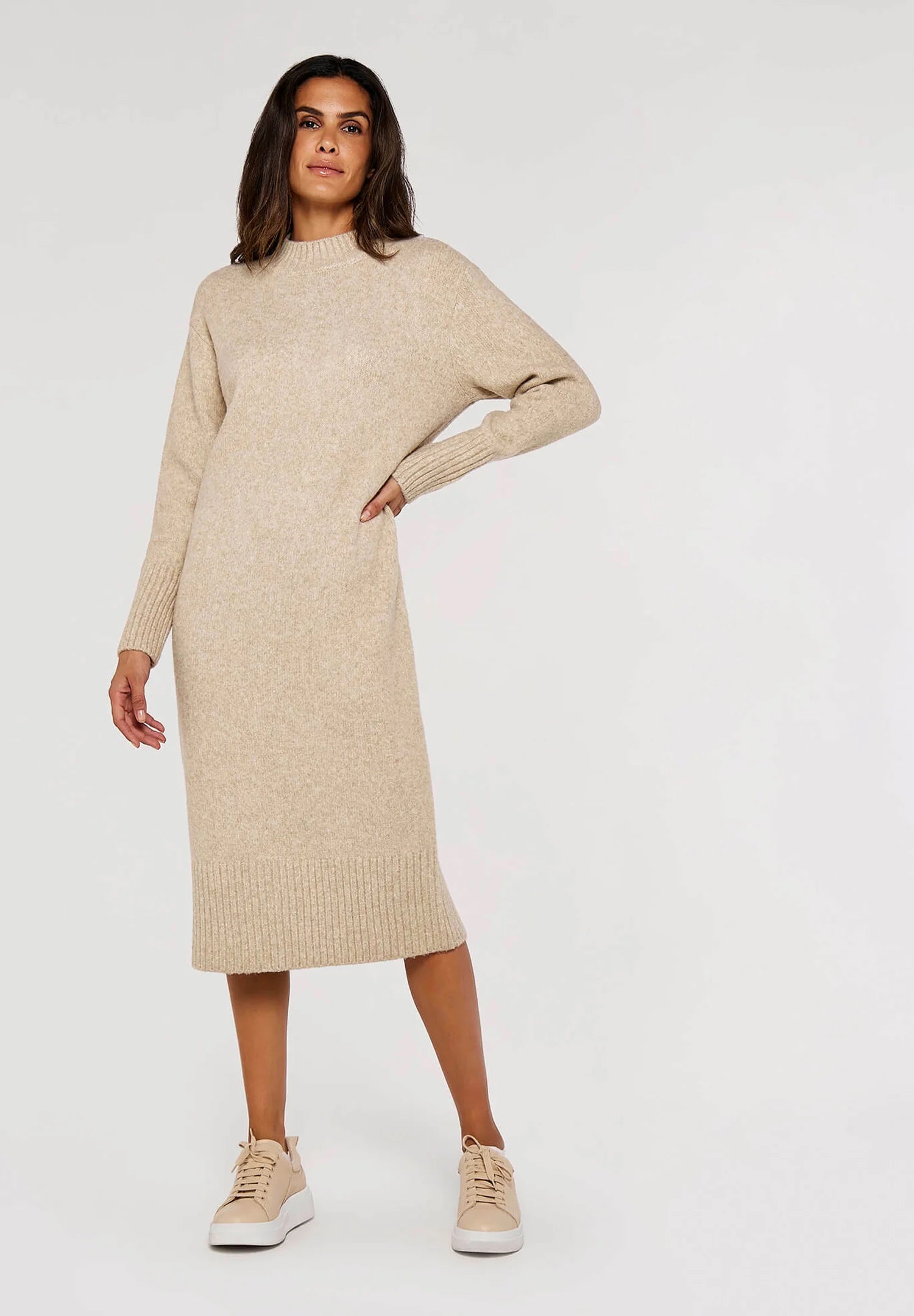 Apricot Chunky Knit Midi Dress