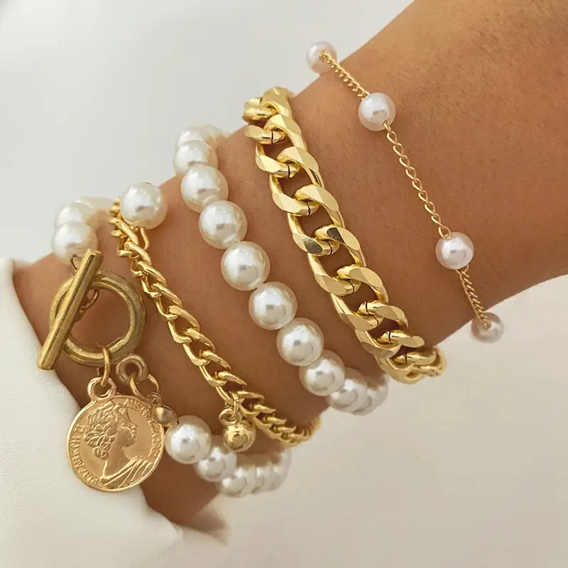 Cuban Luxe Pearl Bracelet Set